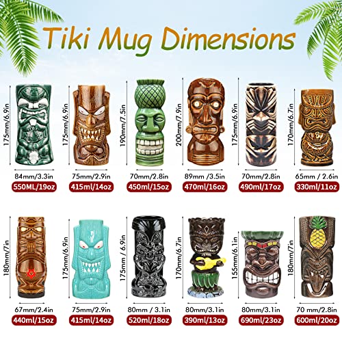 12-Piece Ceramic Tiki Mug Set for Cocktails and Parties