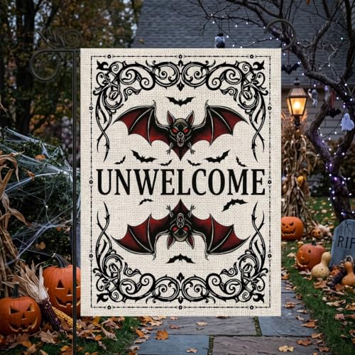 Halloween Bat Garden Flag - Unwelcome Bat Welcome Yard Decor 12x18 Inch