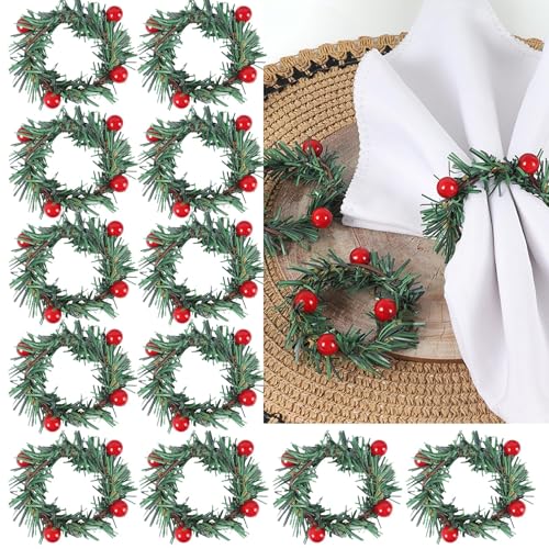 12Pcs Christmas Napkin Rings Pine Needle & Red Fruit Flower Holiday Decor