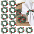 12Pcs Christmas Napkin Rings Pine Needle & Red Fruit Flower Holiday Decor