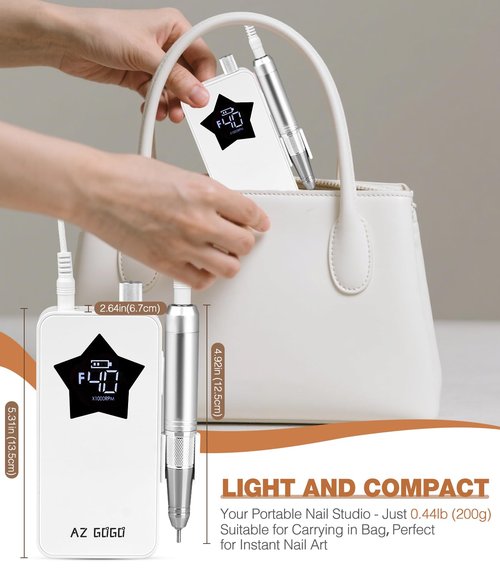 Professional Nail Drill Machine, AZ GOGO 40000RPM Rechargeable Electric Portable Nail Drill for Acrylic Gel Nails, Powerful Pro Efile Coreless Motor Quieter, High Efficiency for Salon or Home DIY