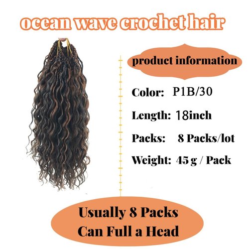 pojui 18 Inch Ocean Wave Crochet Hair 8 Packs - Synthetic Pre-Looped Deep Wavy Curly Braiding Hair for Black Women, Boho Style Hair Extensions (18inch,P1B/30-8 Packs)