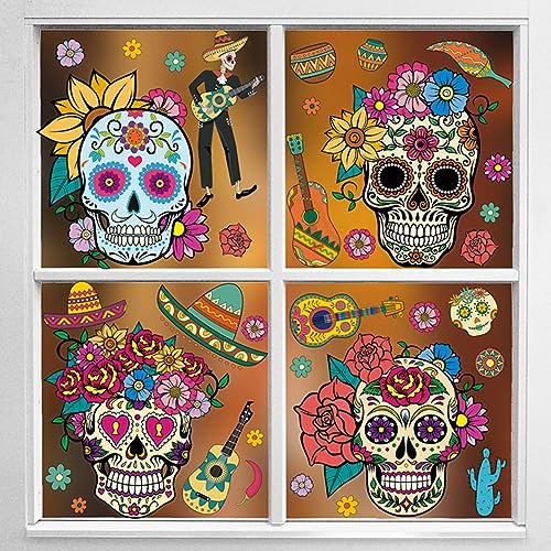 Dia de Los Muertos Halloween Window Stickers - Sugar Skull Skeleton Gnome Flowers - Reusable Party Decals