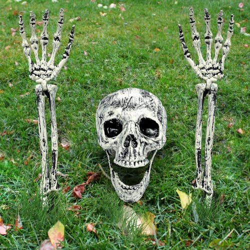 Outdoor Skeleton Decorations Set with Skull & Adjustable Arms for Halloween Yard Scare