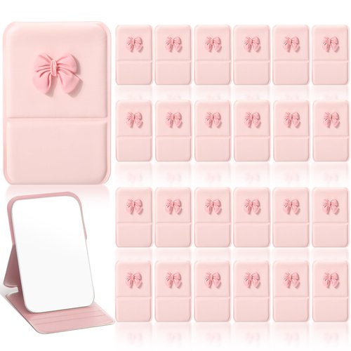 Amyhill 24 Pcs Party Favor Compact Fold Mini Mirror Preppy Bow Gift for Women Birthday Bridal Shower Bachelorette Graduation Party Supplies (Folding,Pink)