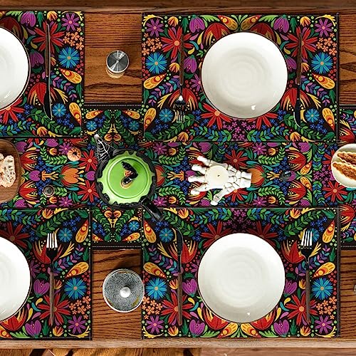 Mexican Cinco De Mayo Placemats Set of 4 - 12x18 Inch Floral Fiesta Decor, Black Variation