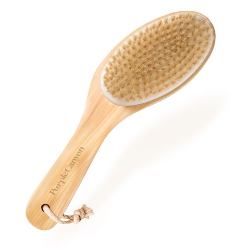 Purple Canyon Body Brush – Natural Boar Bristle Dry Brush for Exfoliating, Lymphatic Drainage, Cellulite Appearance, and Circulation – Curved Wooden Handle for Easy Back & Body Brushing