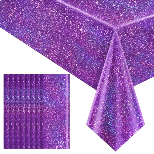Purple Holographic Tablecloths - 8 Pack 40x108 Inch Iridescent Disposable Rectangular Covers for Parties