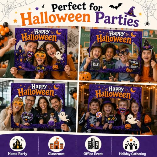 Halloween Photo Booth Props Kit with Selfie Frame - Orange, 16 Pieces