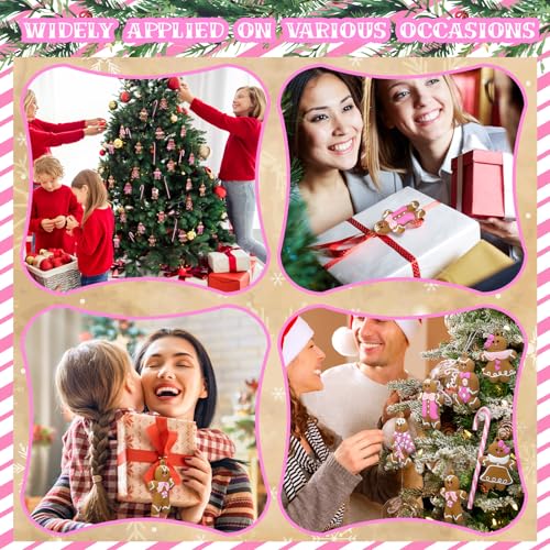 Pink Gingerbread Man & Candy Cane Christmas Ornaments Set - Holiday Decor