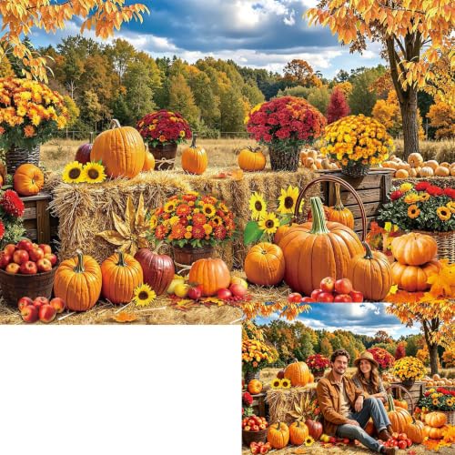 7X5FT Fall Pumpkin Backdrop Autumn Haystack Maple Leaves Photography Background