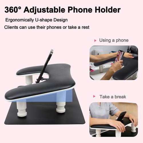 Arm Rest for Nails Tech with Nail Table Mat and Phone Holder,Adjustable Base U-shaped Manicure Nail Hand Rest Stand Pillow Cushion(Black)