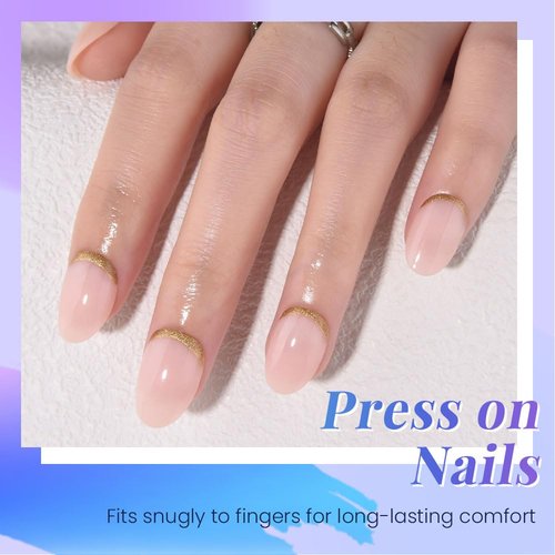 Evpct Nude Pink French Press-On Nails - Short Oval Design with Gold Foil Accents | Reusable Soft Gel Kit