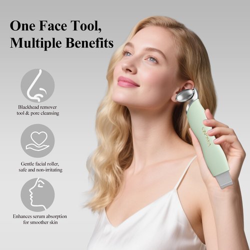 Vangines 3-in-1 Blackhead Remover Tool with Ice Roller & 2 Silicone Brush Heads - Pore Cleaning Face Spatula, Stainless Steel Skin Scraper for Nose, T-Zone Deep Cleansing (Sage Mist)