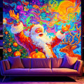Merry Christmas Black Light Tapestry - UV Reactive Wall Hanging Santa Tree Snowman Elk 90L x 70W Unframed