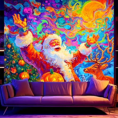 Merry Christmas Black Light Tapestry - UV Reactive Wall Hanging Santa Tree Snowman Elk 90L x 70W Unframed