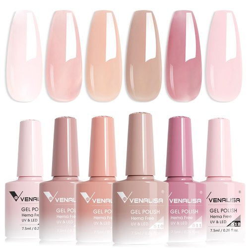 VENALISA Jelly Gel Nail Polish Set of 6 Colors Sheer Nude Pink Gel Polish Kit Neutral Skin Tone Transparent Soak Off UV Gel Salon Nail Art DIY at Home Manicure