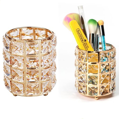 AISIBO Crystal Beads Makeup Brush Holder, Makeup Brush Organizer Vanity Decor, Handcrafted Cosmetics Brushes Cup, Crystal Cup for Makeup Brushes(Gold)