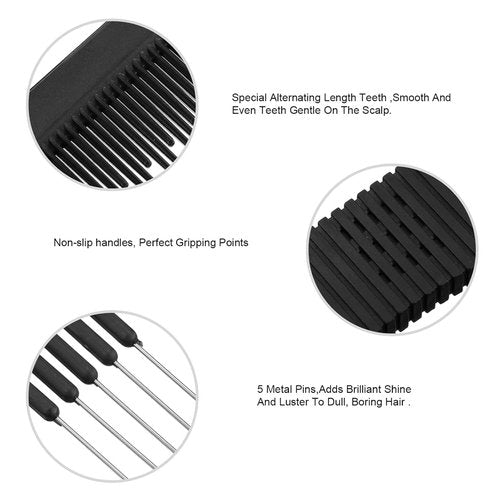 Leinuosen Carbon Lift Teasing Combs - 3 Pack with Metal Prong for Effortless Hair Styling | Black