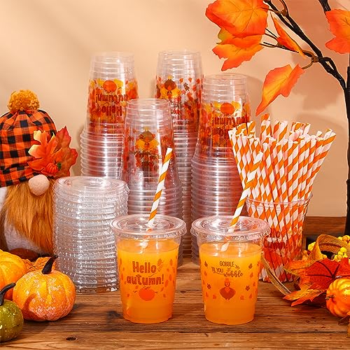 Thanksgiving Disposable Clear Plastic Cups with Maple Variation, 12 oz Set of 100