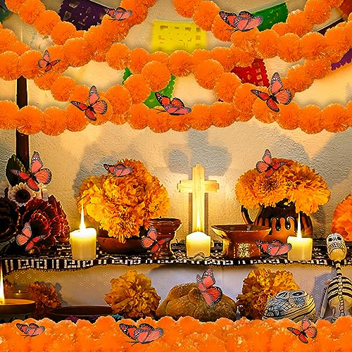 Halloween Marigold Garland with LED Lights & Butterfly Decor - 24 Pieces, 5ft