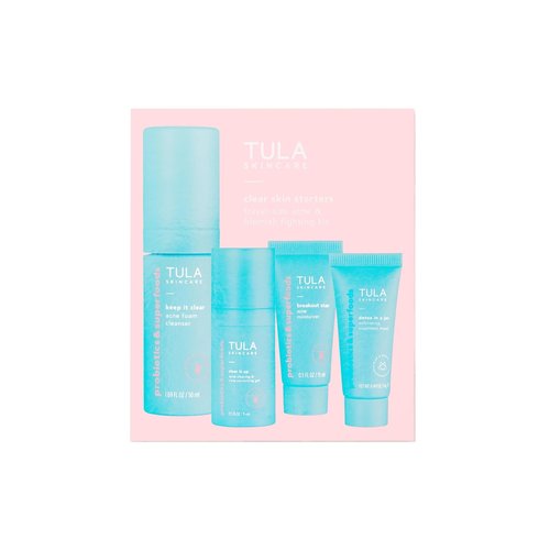 TULA Skin Care Clear Skin Starters Kit | Acne & Blemish Treatment - 4-Piece Foam Cleanser, Gel, Moisturizer & Mask