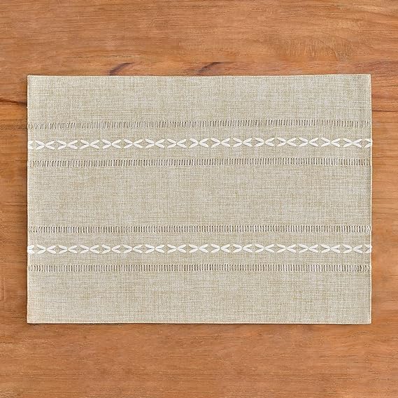 Hemstitched Cotton Linen Place Mats Set of 6 - Coffee Embroidered Boho Table Decor