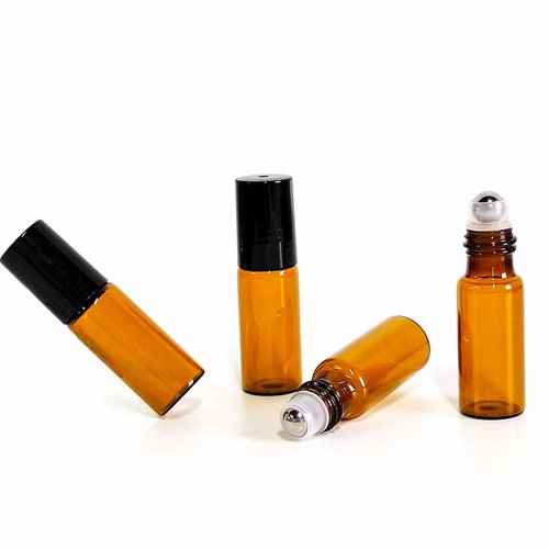PYAWI 50 PCS 5ml Amber Glass Roller Bottle,Essential Oil Sample Vials with Stainless Steel Roller Ball,Black Caps,for Travel Perfume Cosmetics Small Container(2 Funnels, 2 Dropper, 1 Opener) (5ml)