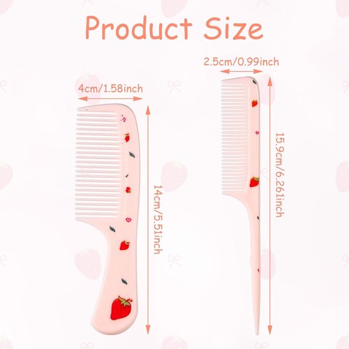 Skiennix Cute Hair Comb Set - Pink Strawberry Fine Tooth & Rat Tail Combs for All Hair Types