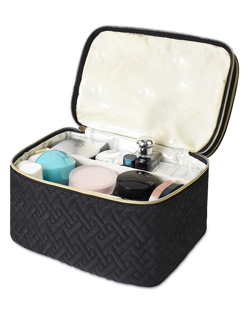 Loyzcy Makeup Bag Organiser for Women, Large Double Layer Cosmetic Make Up Bag with Brush Compartment, Portable and Water-Resistant Toiletry Bag Travel Essentials, Black