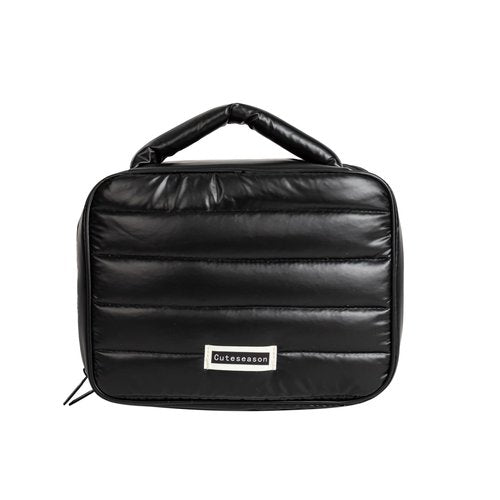 Cuteseason Puffy Quilted Silver Makeup Bag for Women, Large Waterproof Cosmetic Bag with Compartments, Travel Toiletry Organizer Pouch(Black, L)