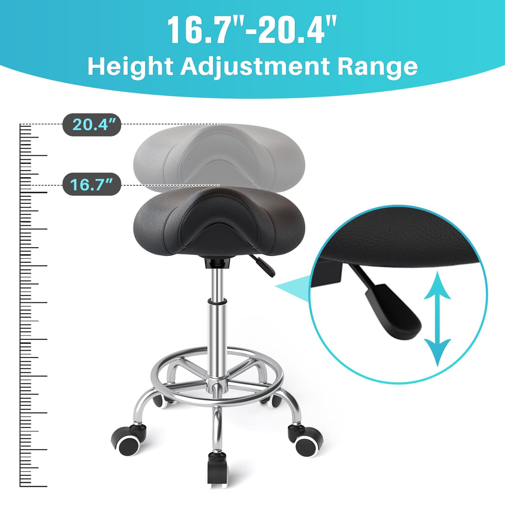 YEEZEE Saddle Stool Ergonomic- Comfortable Rolling Saddle Stool with Wide Thick Saddle Seat Padding, Swivel Adjustable Saddle Chair with Wheels and Ring Pedal for Medical Massage Salon (Dark Black)