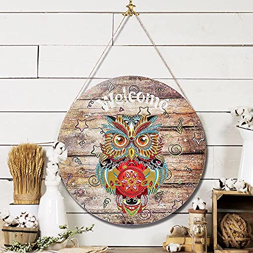 Owl Welcome Sign for Front Porch - Interchangeable Seasonal Door Decor with Diamond Painting Rhinestones
