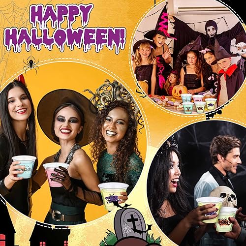 Halloween Party Cups Set - 100 Clear 9 oz Disposable Plastic Cups with Spooky Designs