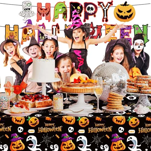 Halloween Disposable Plastic Tablecloths with Banner - 2 Pack, 54x108 Inch, Black & Orange
