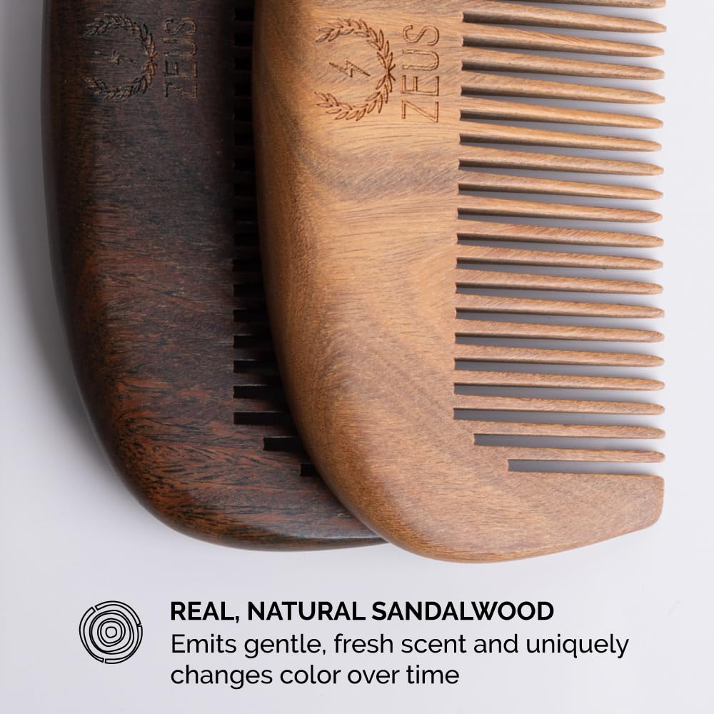 ZEUS Sandalwood Beard Comb for Men, Natural Wooden Comb with Leather Sheath, Travel-Friendly & Anti-Static Grooming Tool (S31)