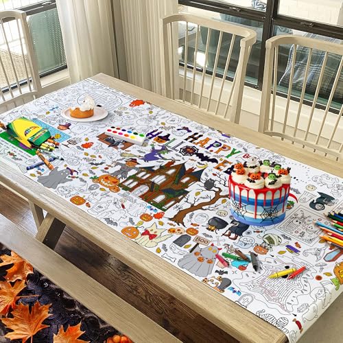 Halloween Coloring Tablecloth Giant Poster with Haunted Castle Pumpkins Bats Ghosts - Halloween-2