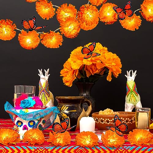 Orange Day of the Dead Decor Set with Lighted Marigold Garlands & Butterflies - 4 Pieces