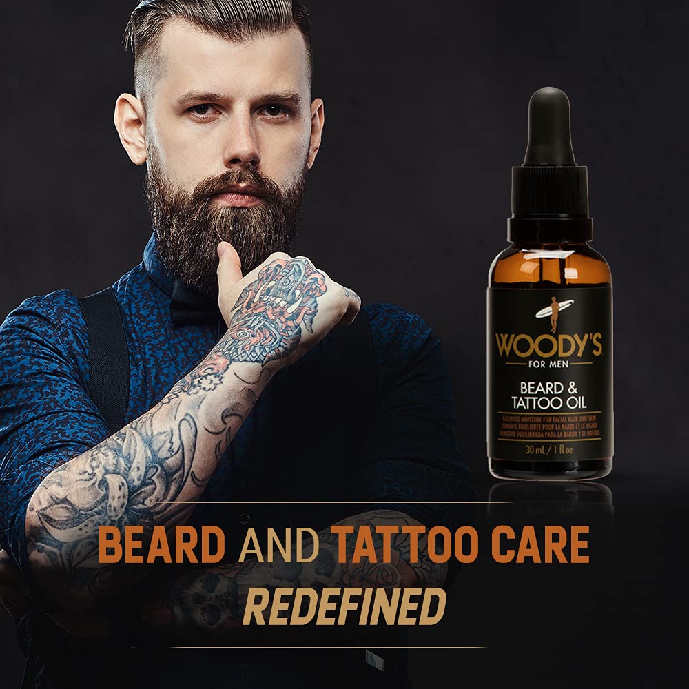 Woody's Tattoo & Beard Oil for Men - Hydrating & Conditioning Mens Beard Oi for Mustache Facial Hair & Tattoo Enhancement, 1 fl oz, 2 Pack