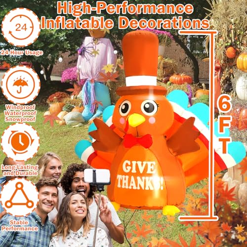 6FT Thanksgiving Inflatable Turkey with Blue Tail & LED Lights - Outdoor Holiday Decor