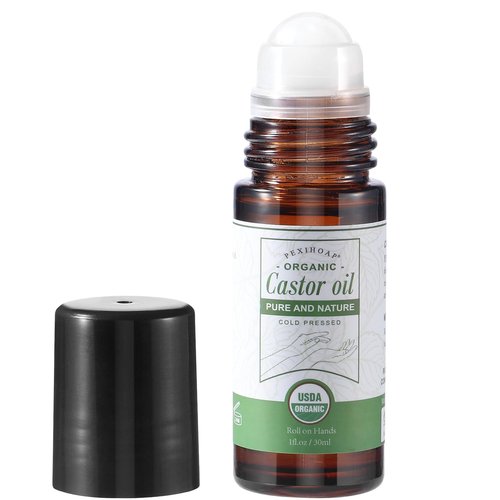 Pexihoap Castor Oil Roll on for Waist Belly Body Skin, Certified Organic Pure Cold Pressed Body Castor Oil Roller Stick Glass Bottle - 1fl.oz