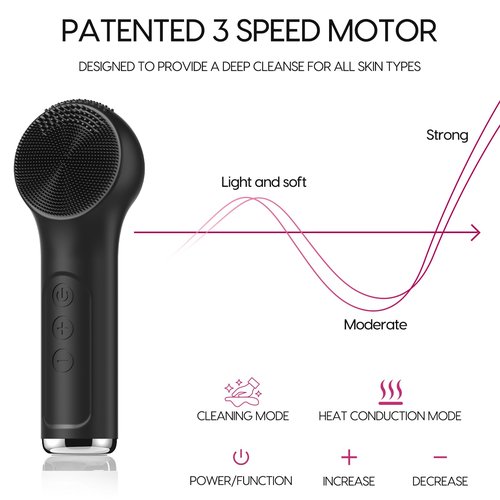Silicone Facial Cleansing Brush, Portable Electric Face Scrubber with Heat and Vibration, 3 Modes Adjustable, Waterproof IPX6, USB-C Rechargeable, Deep Cleansing, Exfoliating and Massage（Black）