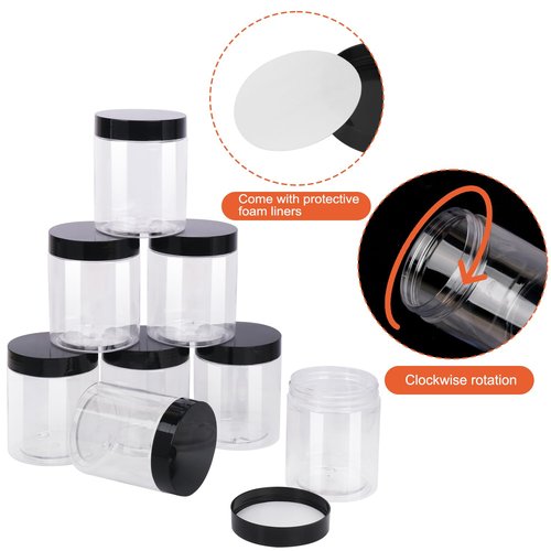 IHDYPPEW 48 Pack 8 OZ Clear Plastic Jars with Black Lids, Empty Plastic Mason Jars, Cosmetic Jar with Lids for Cream, Body Butters, Moisturizers, Candy, Beads, Samples (Clear)