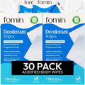 FOMIN Acidified Travel Deodorant Wipes For Women & Men - 30 Count - Fragrance Free - pH Balanced, Mini Deodorant Travel Size Wipe - Plastic-Free, Individually Wrapped Underarm Body Wipes