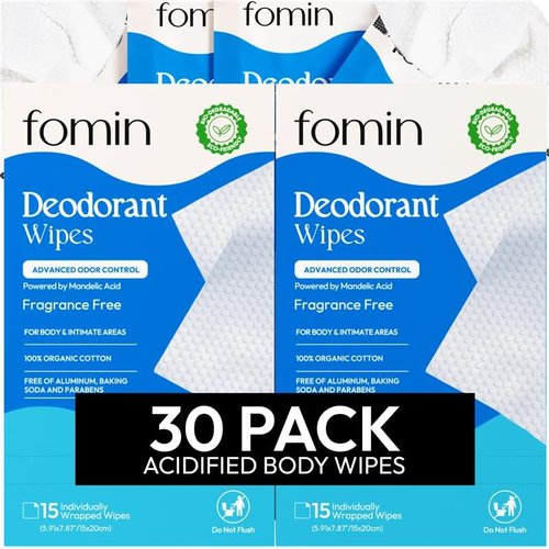 FOMIN Acidified Travel Deodorant Wipes For Women & Men - 30 Count - Fragrance Free - pH Balanced, Mini Deodorant Travel Size Wipe - Plastic-Free, Individually Wrapped Underarm Body Wipes