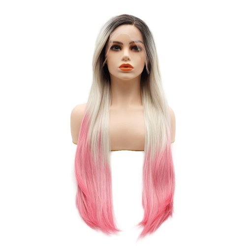 LUSHY BEAUTY Hair Synthetic Lace Front Wig Straight Super Long 28inch Dark Root Light Blonde Pink Ombre Heavy Density Heat Resistant Realistic Wig