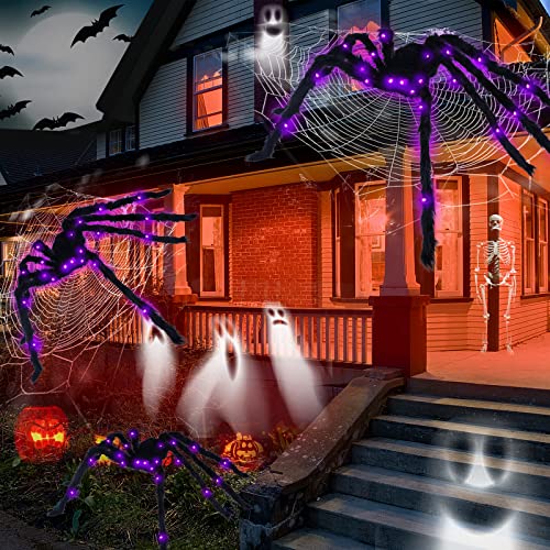 Halloween Spider Decorations Light Up 4ft Giant Spiders - Black & Purple (2 Pack) - HalloweenB