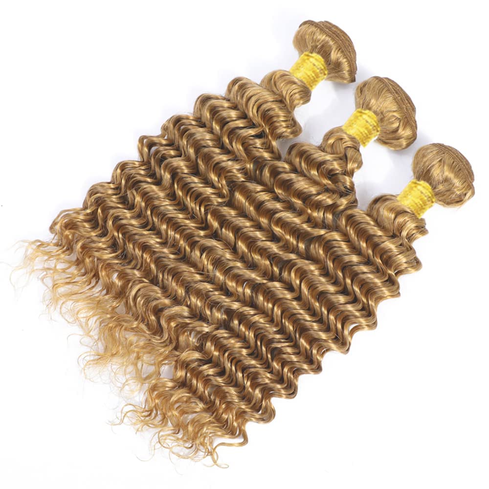 Yubelanis Color 27 Human Hair Bundles 08 10 12 Inch Deep Wave Bundles Human Hair 12A Unprocessed Virgin Raw Quick Weave Hair for Black Women Honey Blonde