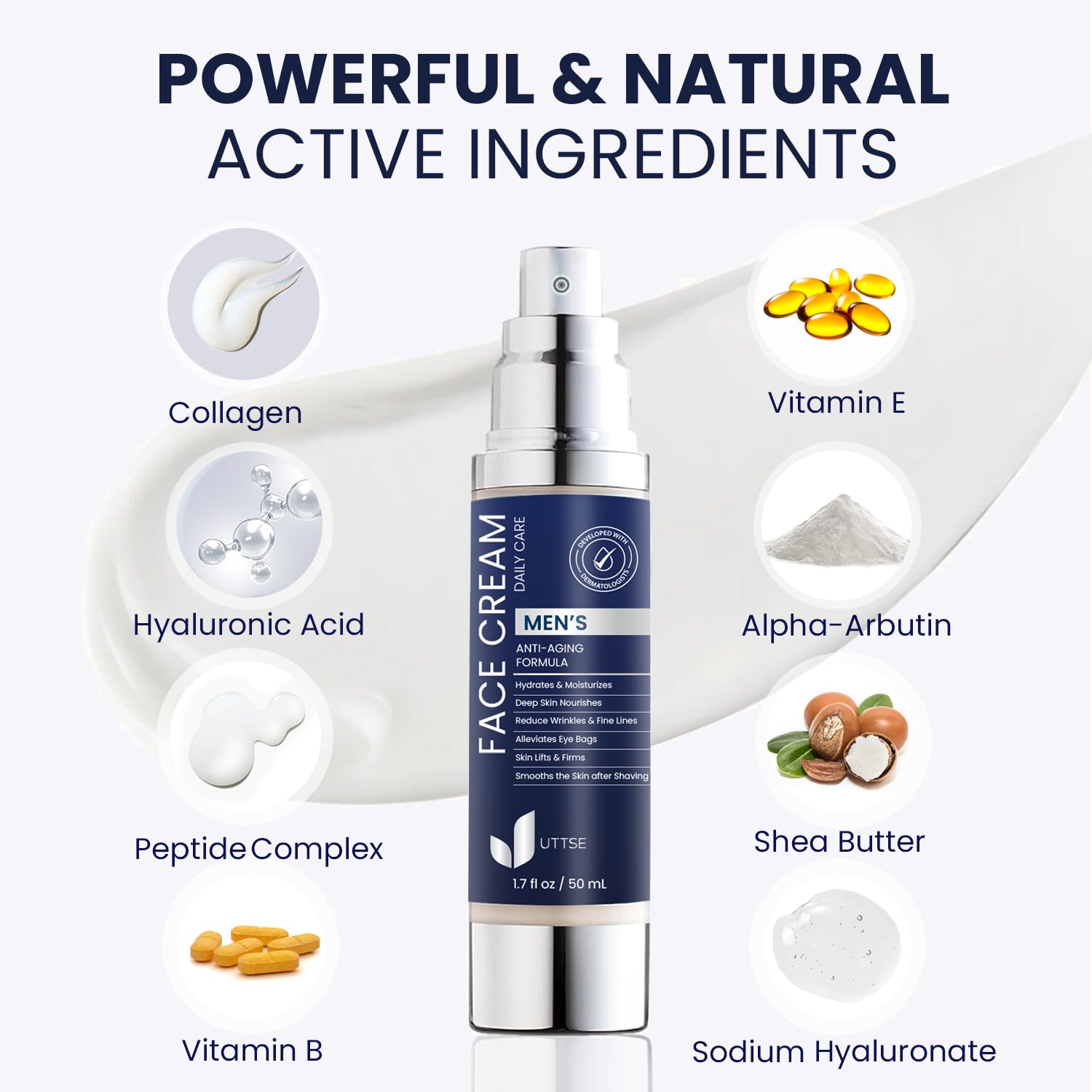 Uttse 6-in-1 Men's Face Moisturizer - Reduce Eye Bags & Dark Circles - 1.7 fl oz - Made in Korea