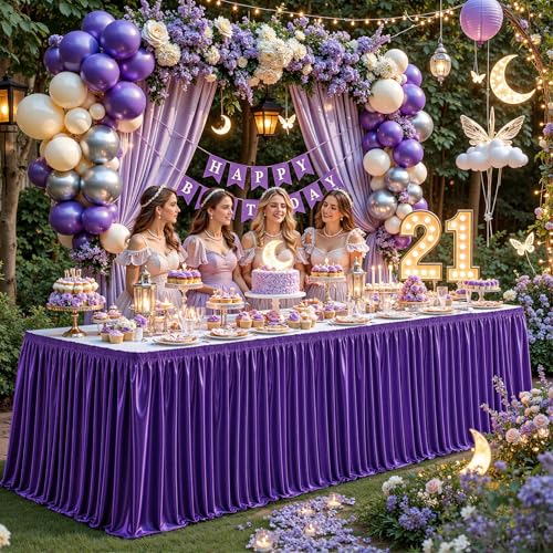 9ft Purple Satin Table Skirt for Rectangle Tables - Wrinkle Resistant Pleated Ruffle for Weddings & Events